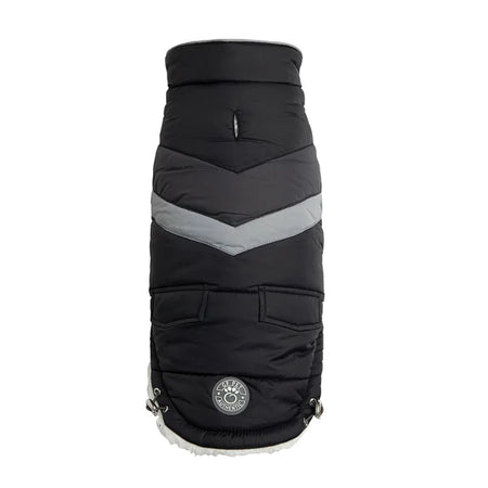 Black and gray quilted dog coat with a visible brand logo on a white background