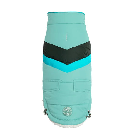 Turquoise and black dog coat with a visible brand logo on a white background