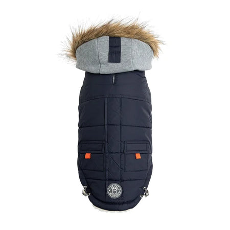 Navy blue dog coat with gray hood and brown fur trim on a white background