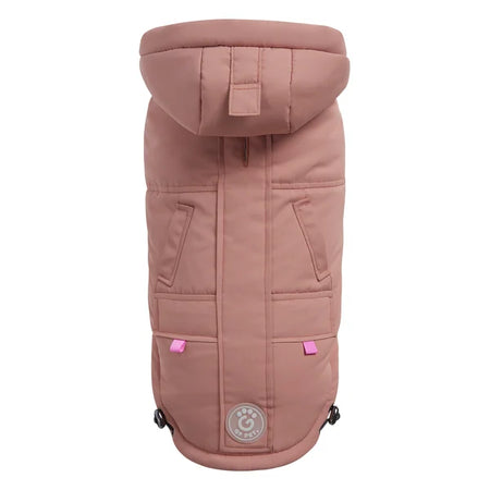 Pink dog coat with a brand logo on a white background