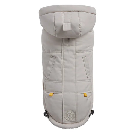Gray dog coat with yellow accents on a white background
