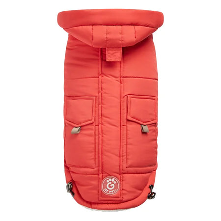 Red quilted dog coat with a brand logo on a white background