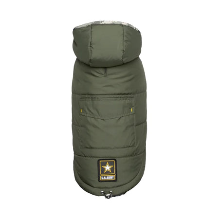 Green dog coat with U.S. Army logo on a white background