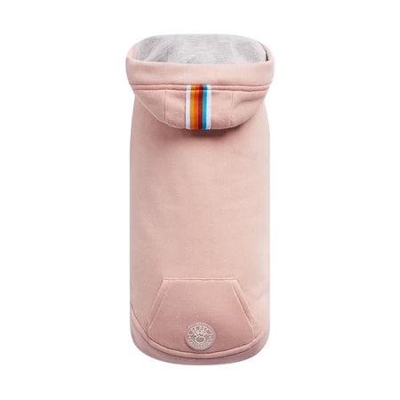 Pink dog coat with rainbow stripe on a white background