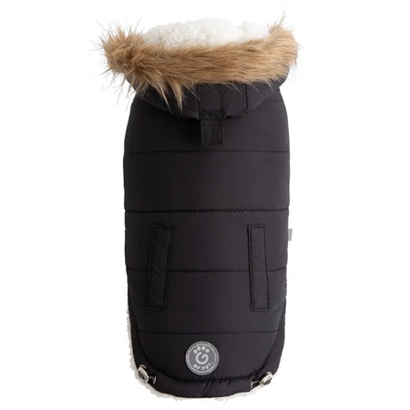 Black dog coat with fur hood on a white background
