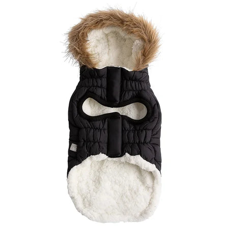 Black dog coat with fur hood and white interior on a white background