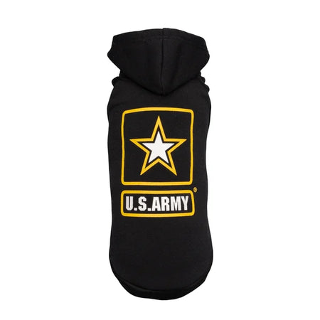 Black dog hoodie with U.S. Army logo on a white background