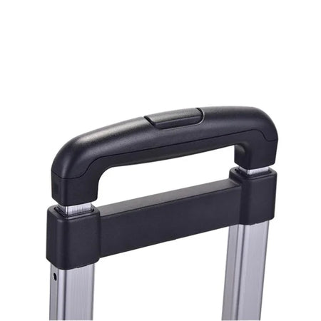 Close-up of a black suitcase handle on a white background