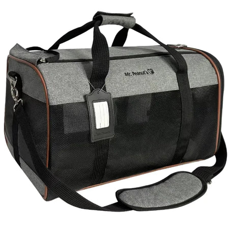 Pet carrier with gray and black design on a white background