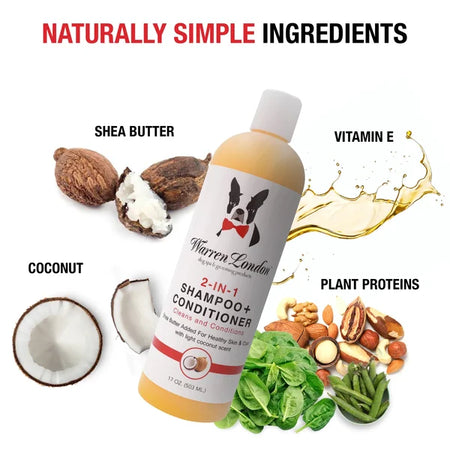 Warren London 2-in-1 Shampoo + Conditioner bottle with natural ingredients displayed around it.