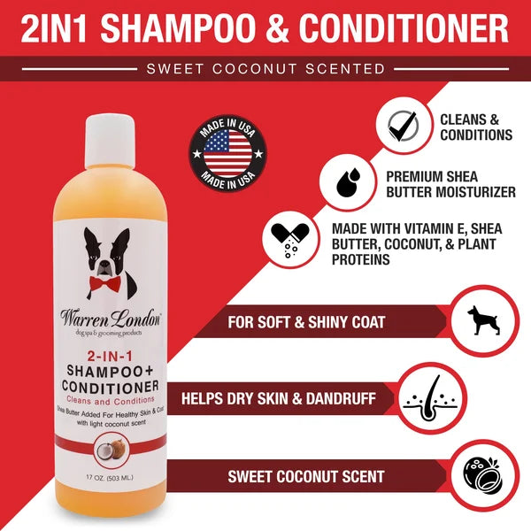 Dog shampoo and conditioner bottle with product features on a red background