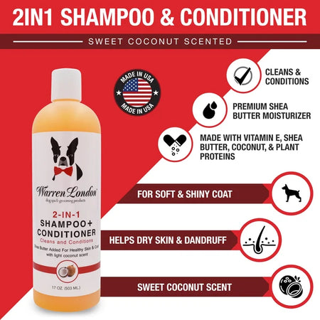 Dog shampoo and conditioner bottle with product features on a red background