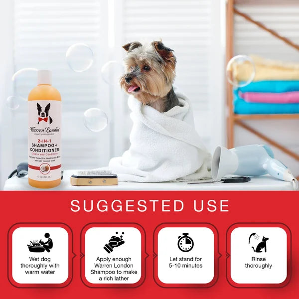Dog wrapped in a towel with Warren London shampoo bottle and suggested use instructions on a red background.