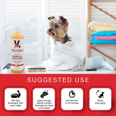 Dog wrapped in a towel with Warren London shampoo bottle and suggested use instructions on a red background.