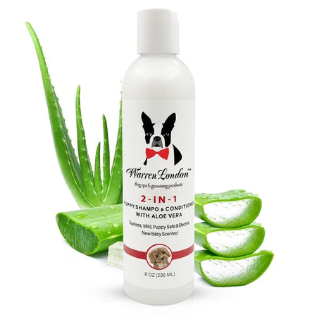 Warren London 2-in-1 puppy shampoo and conditioner with aloe vera on a white background