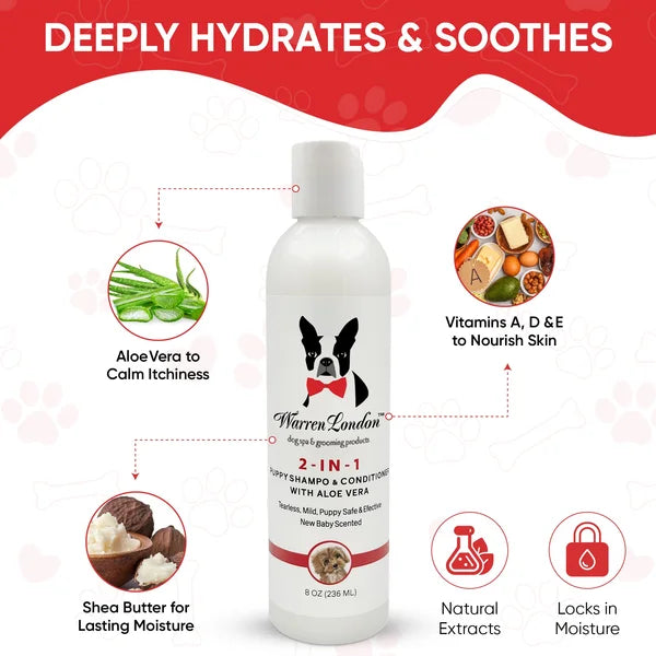 Warren London 2-in-1 Puppy Shampoo & Conditioner bottle with product features on a white background