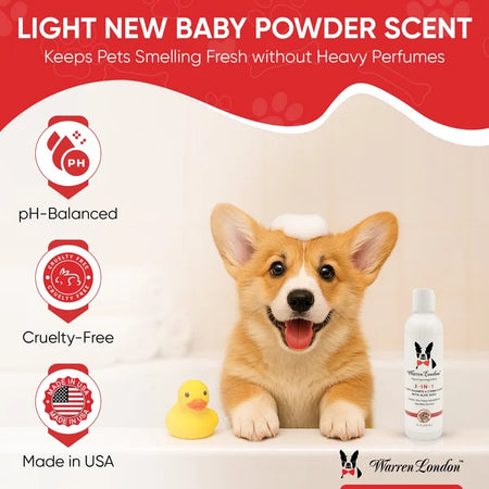 Dog with a bottle of Warren London pet product, featuring product benefits on a red and white background.