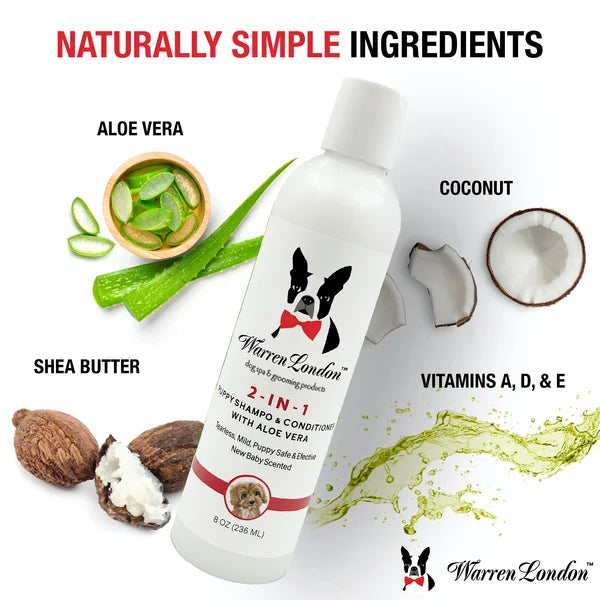 Warren London 2-in-1 Shampoo & Conditioner bottle with natural ingredients like aloe vera, coconut, and shea butter displayed around it.