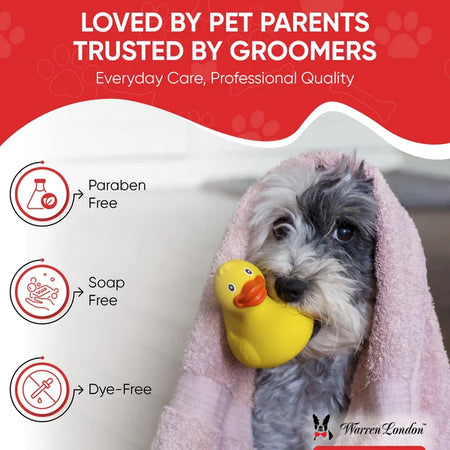 Dog wrapped in a towel holding a yellow rubber duck with product features listed on a red background.