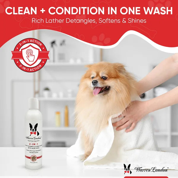 Dog being washed with a bottle of Warren London pet shampoo, featuring text about cleaning and conditioning.