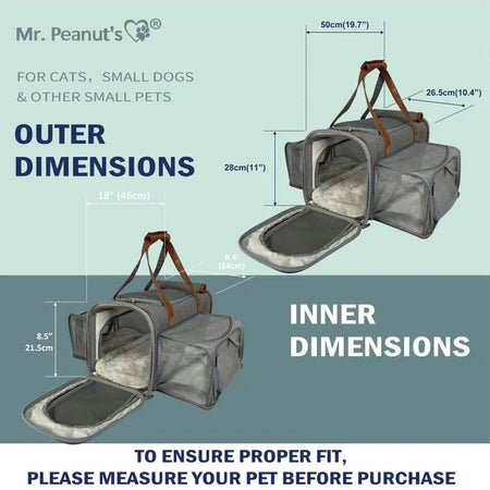 Pet carrier with dimensions labeled, featuring Mr. Peanut's branding.