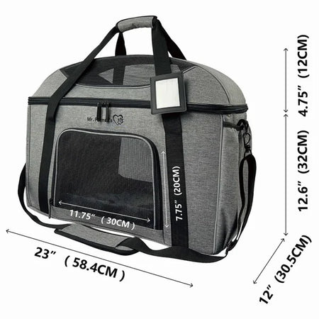 Gray pet carrier with dimensions indicated on a white background