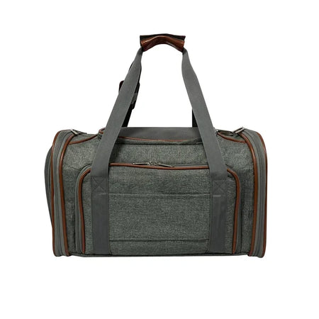 Gray duffel bag with brown accents on a white background