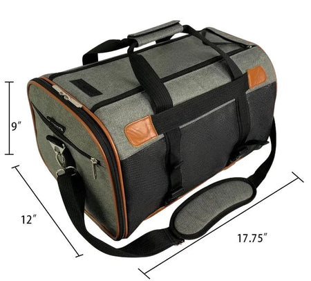 Gray and black duffel bag with brown accents and measurements on a white background