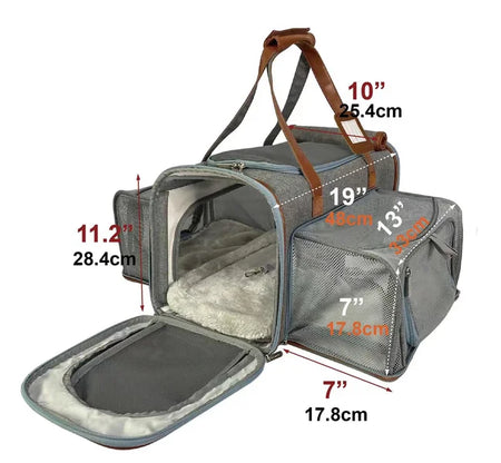 Gray pet carrier with dimensions marked on a white background