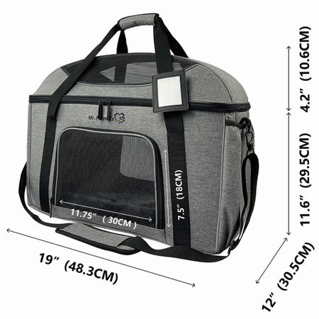 Gray pet carrier with dimensions indicated on a white background