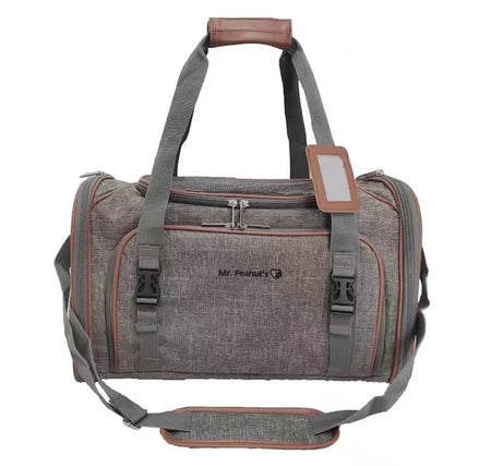 Gray duffel bag with brown accents on a white background