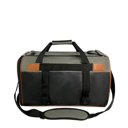 Gray and black duffel bag with brown accents on a white background