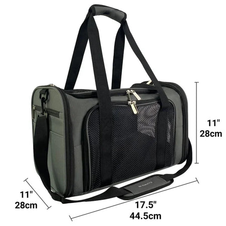Black and gray pet carrier with dimensions indicated on a white background