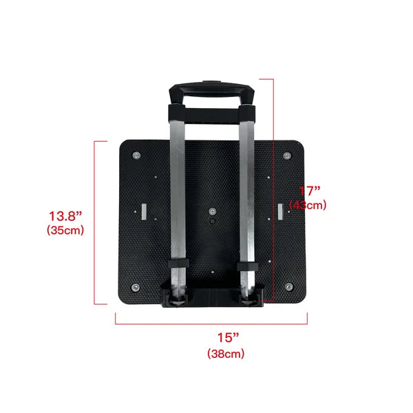 Black rolling cart with measurements on a white background