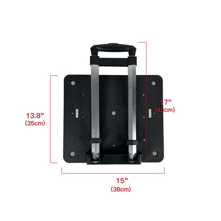 Black rolling cart with measurements on a white background