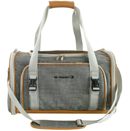 Gray pet carrier with brown accents and 'Mr. Peanut's' logo on a white background