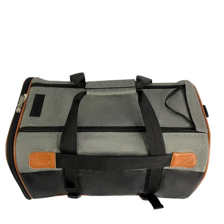 Gray duffel bag with black straps and orange accents on a white background