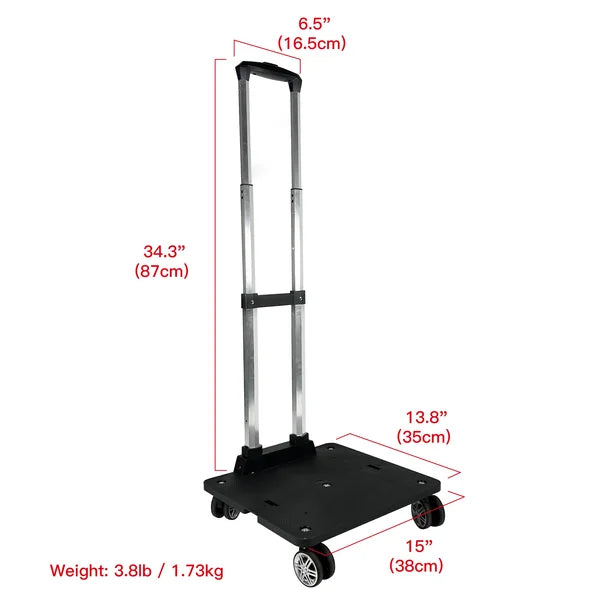 Black hand truck with measurements on a white background