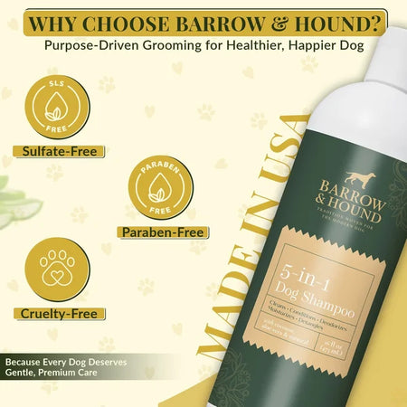 Barrow & Hound dog shampoo bottle with product features on a light background