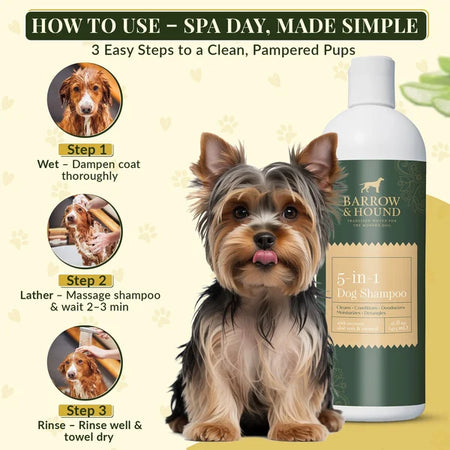 Dog shampoo bottle with usage instructions and a dog model on a light background