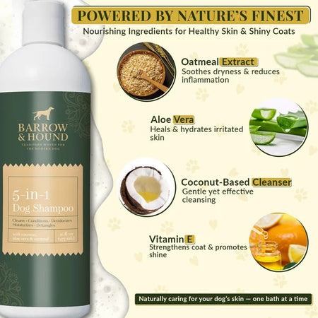 Barrow & Hound 5-in-1 Dog Shampoo bottle with ingredients listed on a beige background