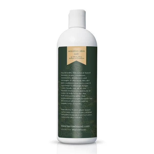 Bottle of shampoo with a green label on a white background