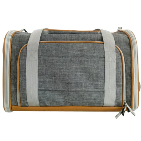 Gray and brown duffel bag on a white background