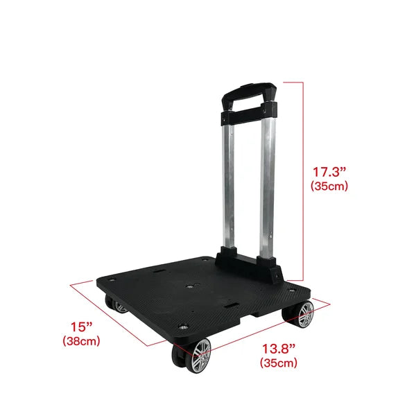 Black platform cart with dimensions indicated on a white background