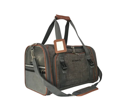 Gray pet carrier with brown accents on a white background