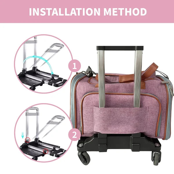 Luggage with a rolling stand and installation method illustration on a pink background
