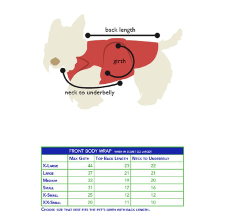 Therapeutic & Anxiety Front Body Wrap for Dogs - Healers Petcare sizing chart