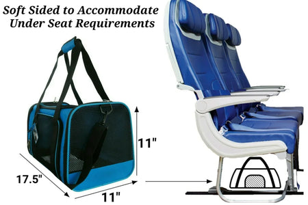 Blue soft-sided pet carrier and airplane seat with dimensions indicated