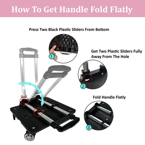 Instructions on how to fold a handle flatly with a diagram and text overlay.