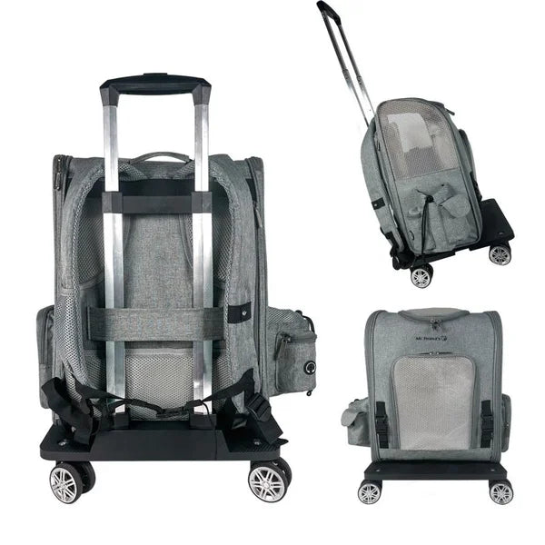 Gray pet carrier with wheels in three views on a white background